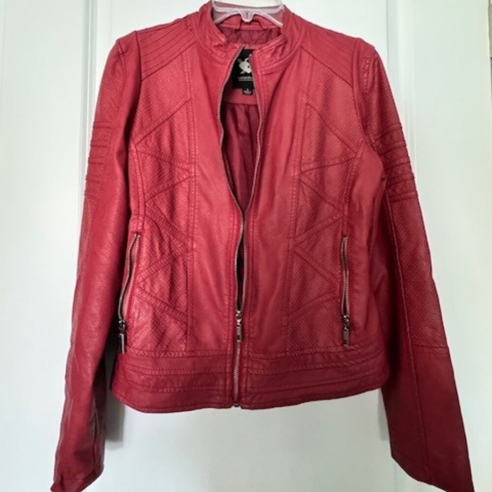 Lock and Love faux leather vegan motorcycle jacket. Red w/ zips. Sz Small - Picture 4 of 8